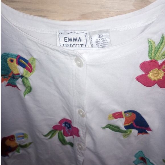 Women's VTG Emma Tricot Parrot Bird Cardigan XL Embroidered Tropical Resortwear - Picture 2 of 3